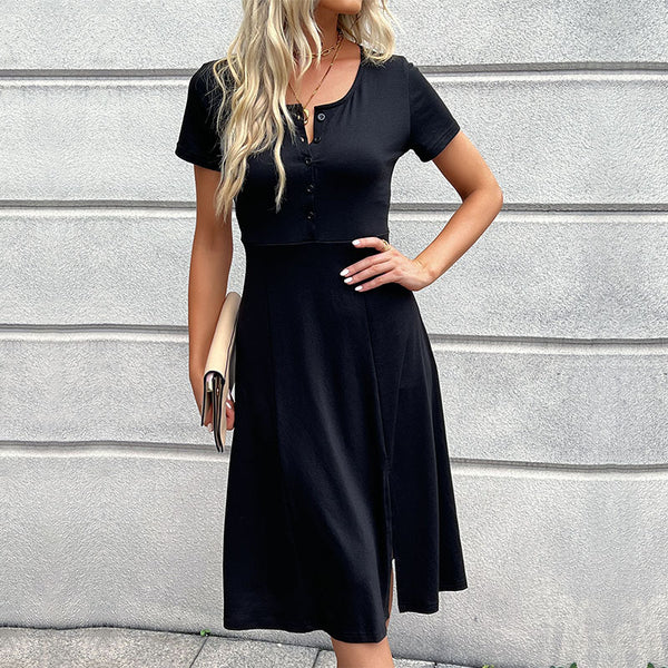 Solid T-Shirt Midi Dress with Henley Neck and Side Slit
