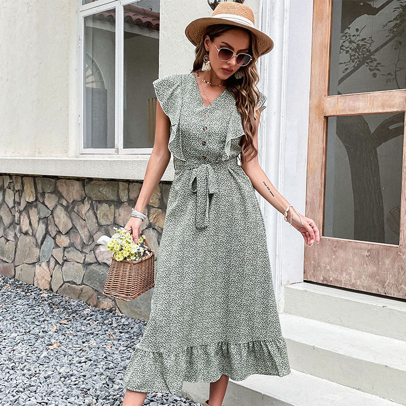 Printed A-Line Midi Dress with V-Neck and Flutter Sleeves