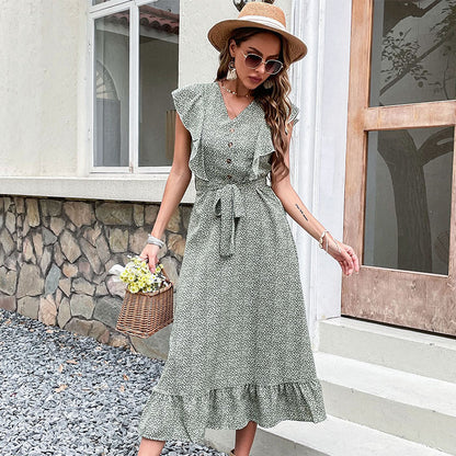 Printed A-Line Midi Dress with V-Neck and Flutter Sleeves