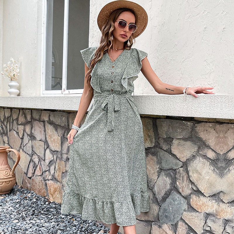 Printed A-Line Midi Dress with V-Neck and Flutter Sleeves