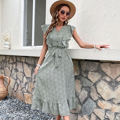 Printed A-Line Midi Dress with V-Neck and Flutter Sleeves