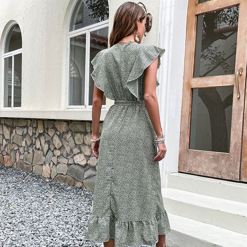 Printed A-Line Midi Dress with V-Neck and Flutter Sleeves