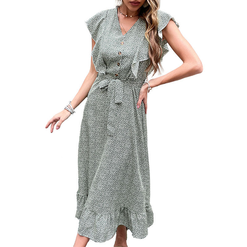 Printed A-Line Midi Dress with V-Neck and Flutter Sleeves