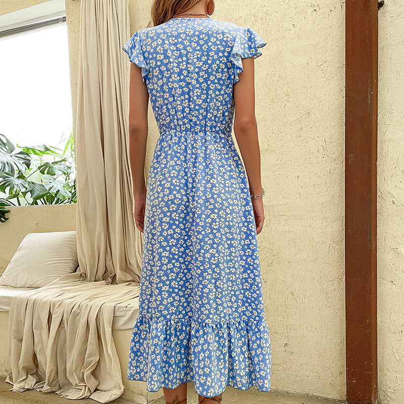 Floral Print Midi Dress with V-Neck and Ruffle Sleeves
