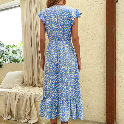 Floral Print Midi Dress with V-Neck and Ruffle Sleeves
