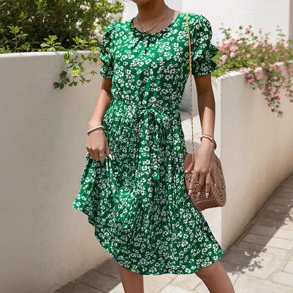 Floral Print Pleated Midi Dress with Tie Waist
