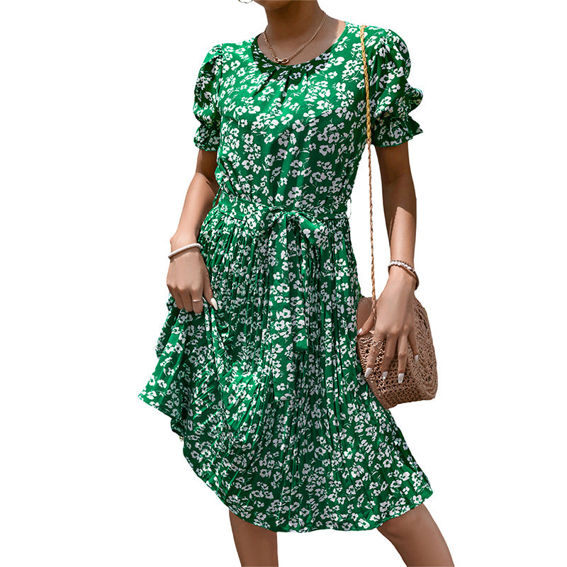 Floral Print Pleated Midi Dress with Tie Waist