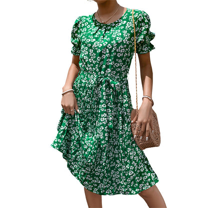 Floral Print Pleated Midi Dress with Tie Waist