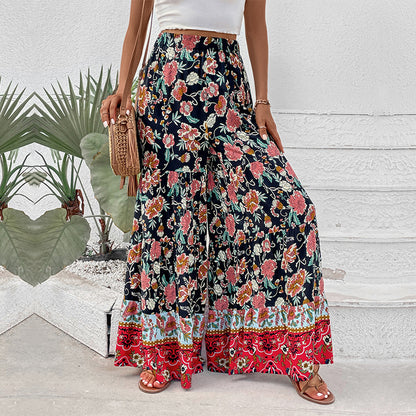 Boho Floral Wide-Leg Pants with High Waist