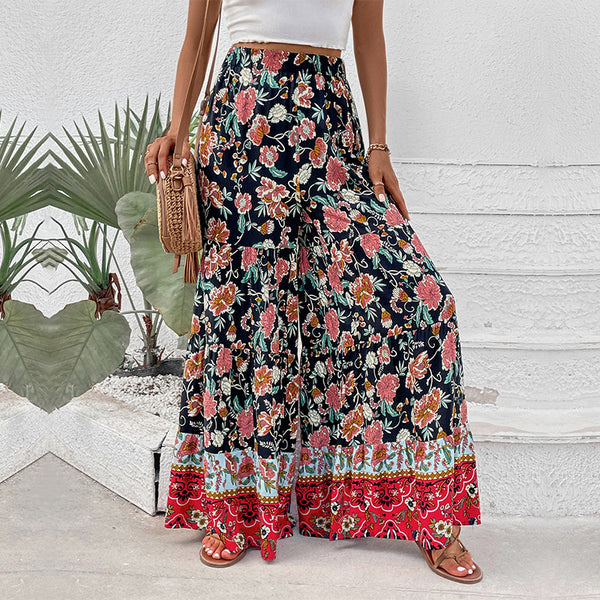 Boho Floral Wide-Leg Pants with High Waist