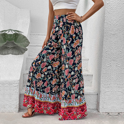 Boho Floral Wide-Leg Pants with High Waist
