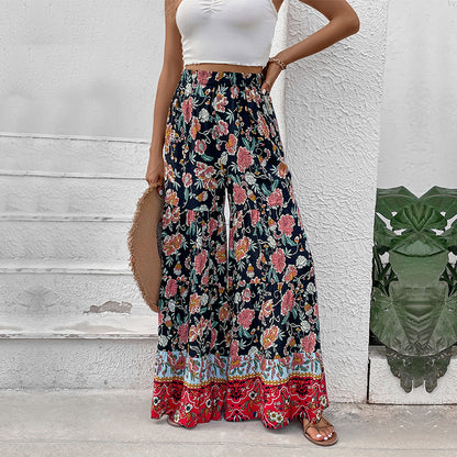 Boho Floral Wide-Leg Pants with High Waist
