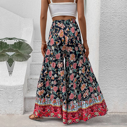 Boho Floral Wide-Leg Pants with High Waist