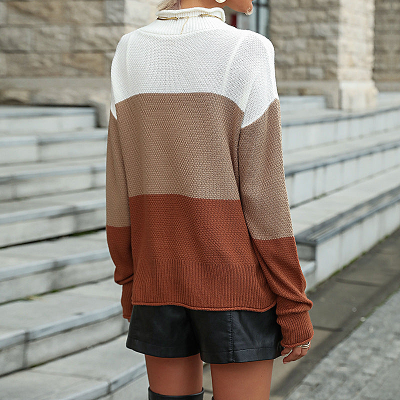 Color-Blocked Mock Neck Sweater in Textured Knit