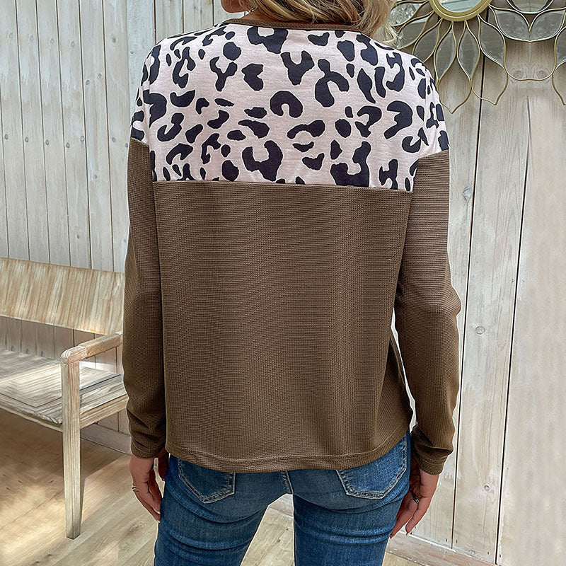 Leopard Print Patchwork Waffle Knit Top with Henley Neck