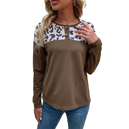 Leopard Print Patchwork Waffle Knit Top with Henley Neck