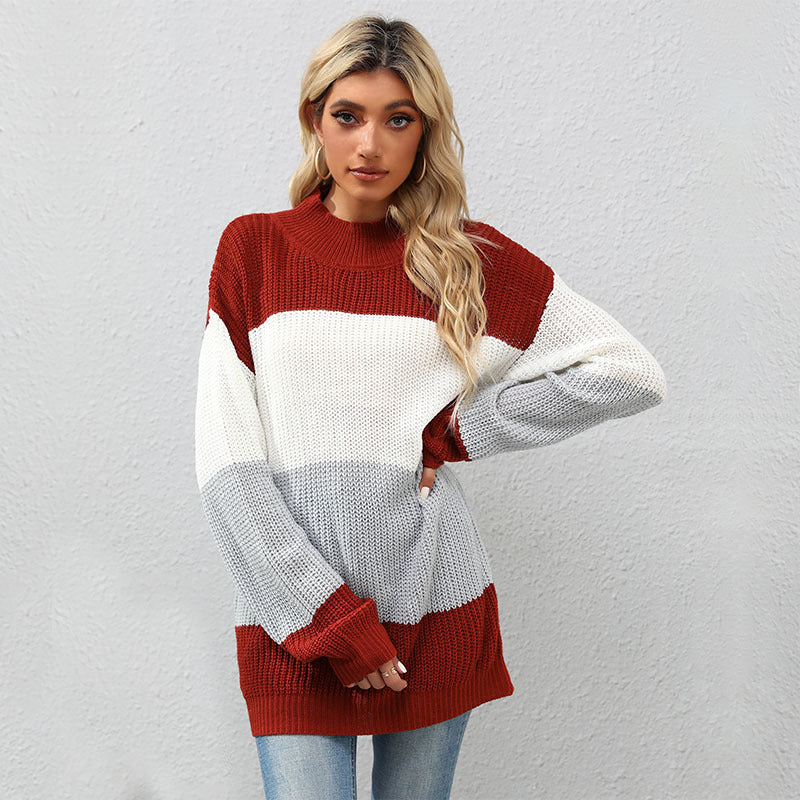 Oversized Color Block Sweater with Half-Turtleneck
