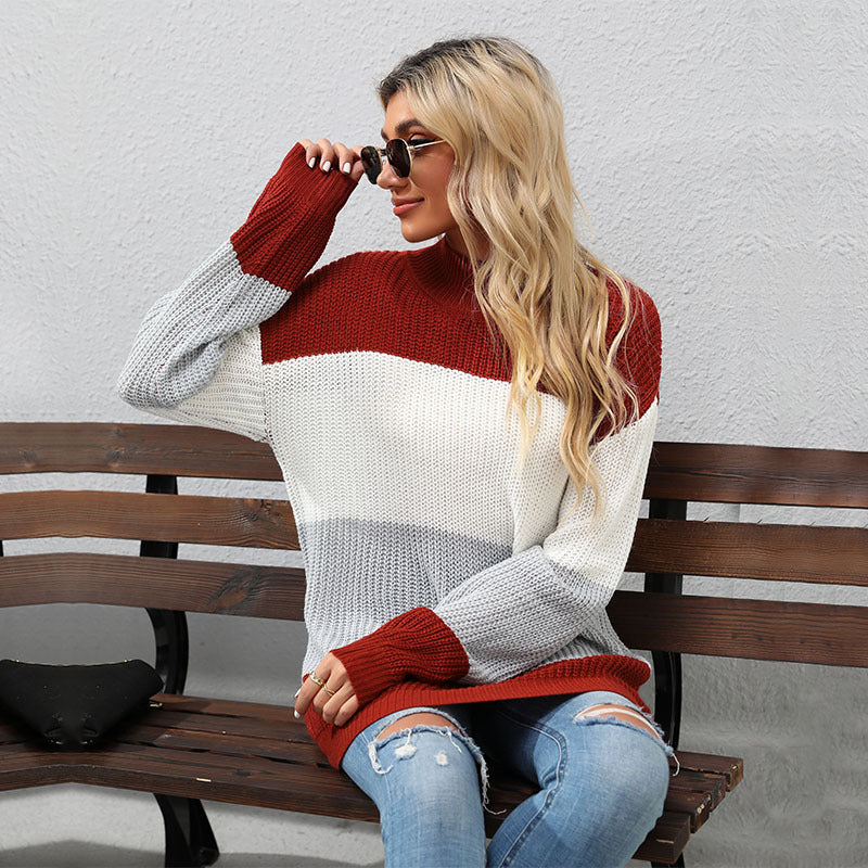 Oversized Color Block Sweater with Half-Turtleneck