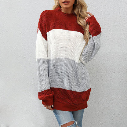 Oversized Color Block Sweater with Half-Turtleneck