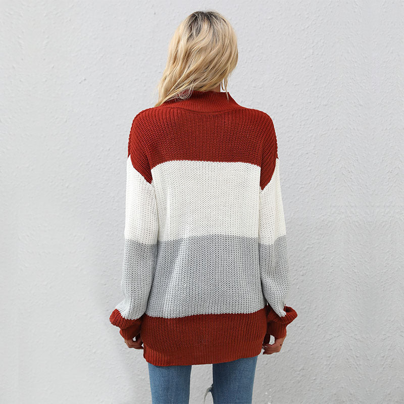 Oversized Color Block Sweater with Half-Turtleneck