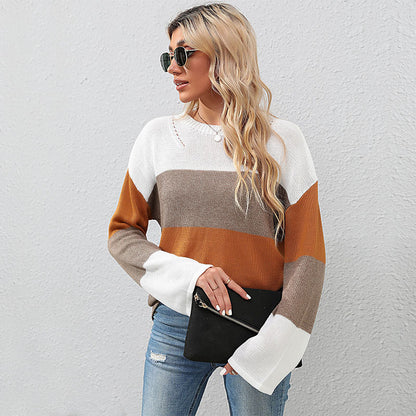 Color Block Loose Knit Sweater with Crewneck