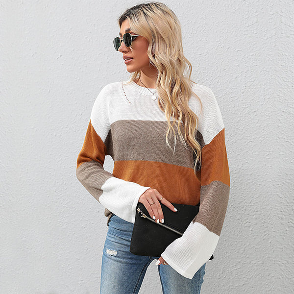 Color Block Loose Knit Sweater with Crewneck