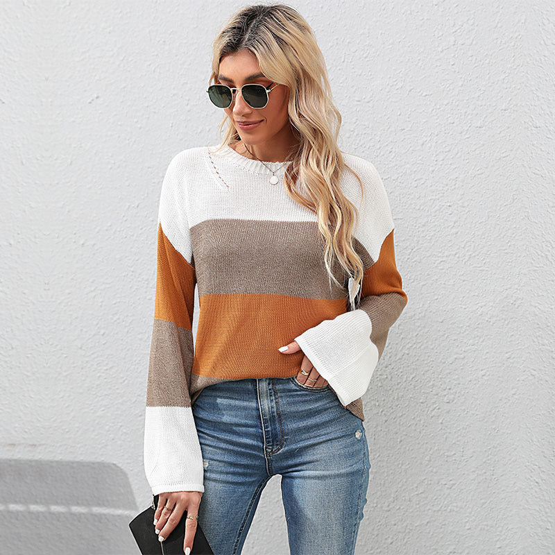 Color Block Loose Knit Sweater with Crewneck
