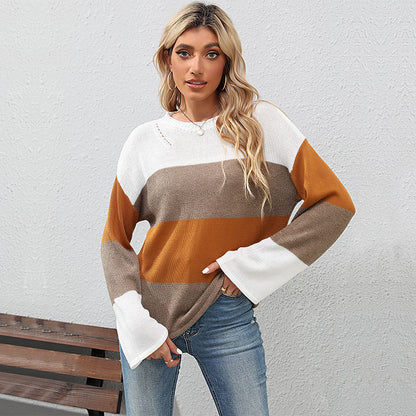 Color Block Loose Knit Sweater with Crewneck