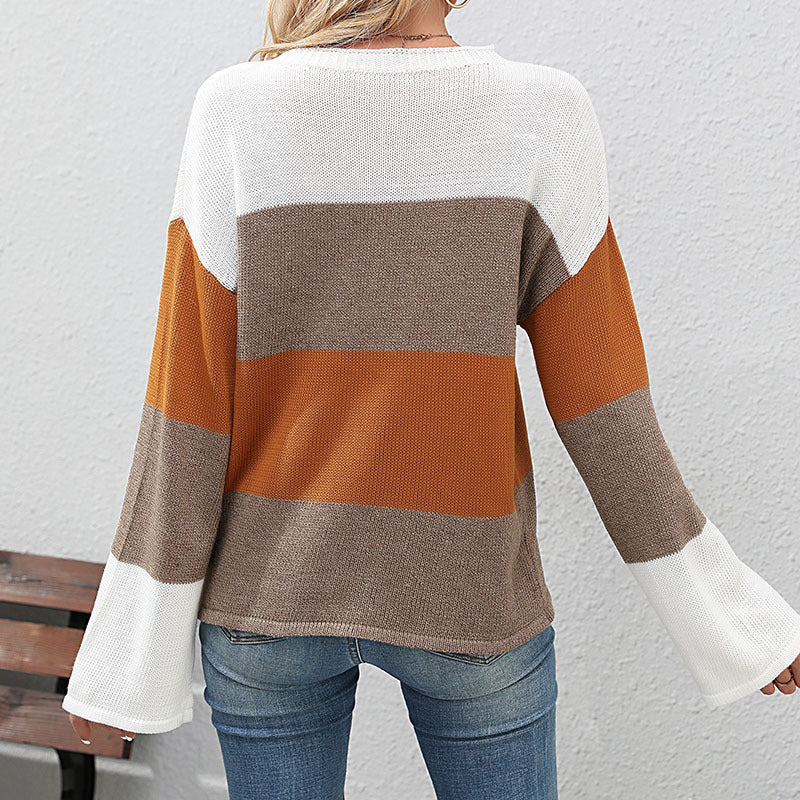 Color Block Loose Knit Sweater with Crewneck