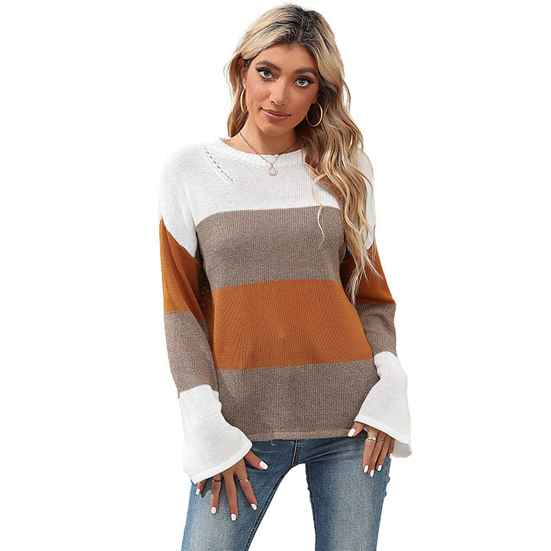 Color Block Loose Knit Sweater with Crewneck