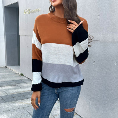 Color-Blocked Loose Knit Sweater with Crewneck