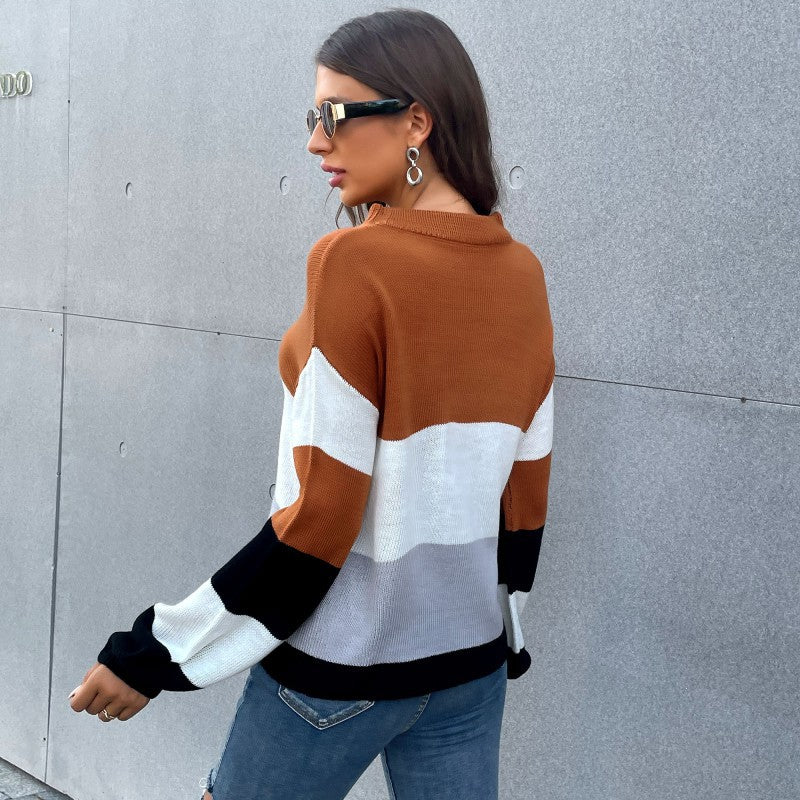 Color-Blocked Loose Knit Sweater with Crewneck