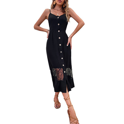 Spaghetti Strap Midi Dress with Button Front and Lace Hem