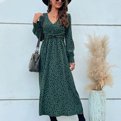 Leopard Print A-Line Maxi Dress with V-Neck and Knotted Waist