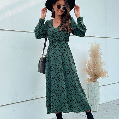 Leopard Print A-Line Maxi Dress with V-Neck and Knotted Waist