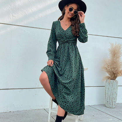 Leopard Print A-Line Maxi Dress with V-Neck and Knotted Waist