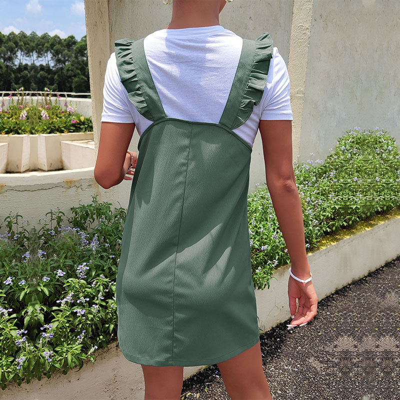 Solid A-Line Overall Mini Dress with Ruffled Straps