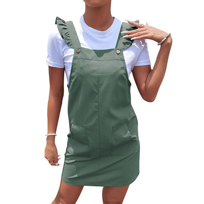 Solid A-Line Overall Mini Dress with Ruffled Straps