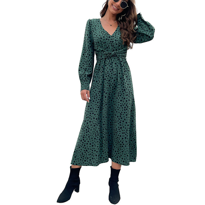 Leopard Print A-Line Maxi Dress with V-Neck and Knotted Waist