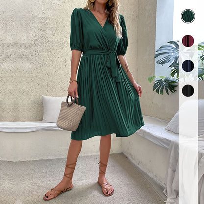 Solid Wrap Midi Dress with Pleated Skirt and Tie Waist