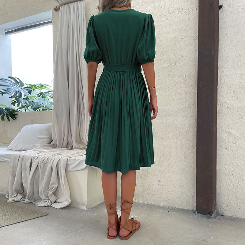 Solid Wrap Midi Dress with Pleated Skirt and Tie Waist