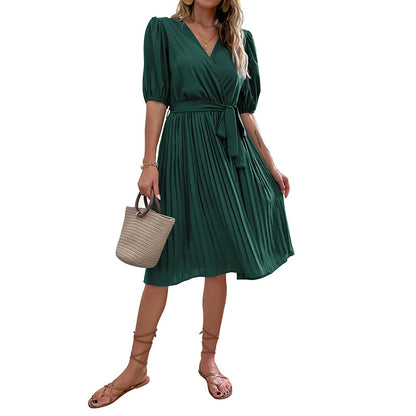 Solid Wrap Midi Dress with Pleated Skirt and Tie Waist