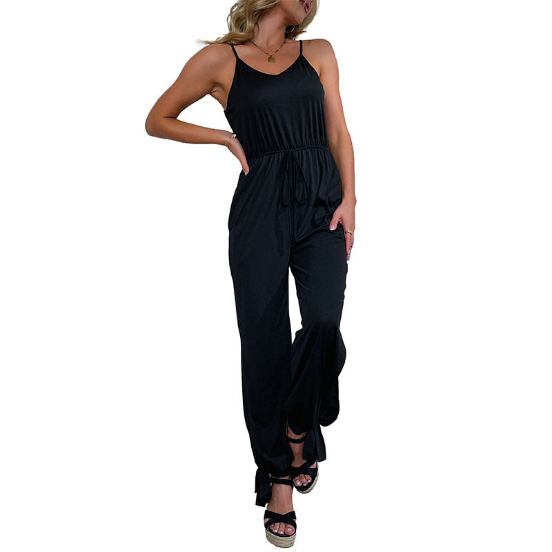 Sleeveless Jumpsuit with Drawstring Waist and Tie Ankles