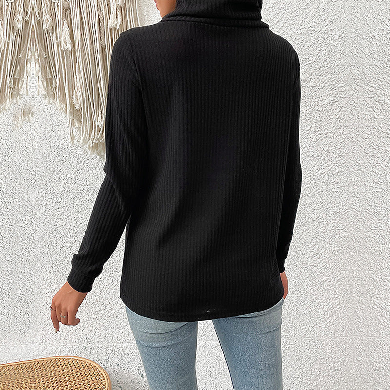 Ribbed Knit Turtleneck with Asymmetric Button Detail