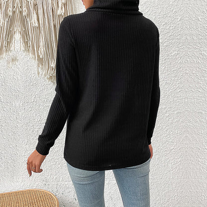 Ribbed Knit Turtleneck with Asymmetric Button Detail