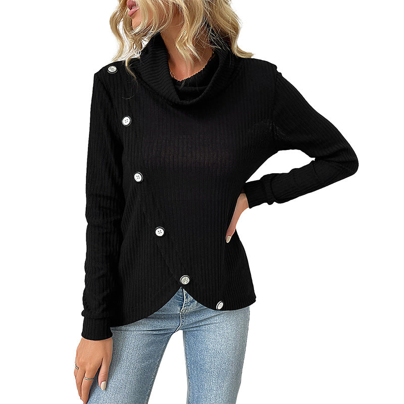 Ribbed Knit Turtleneck with Asymmetric Button Detail
