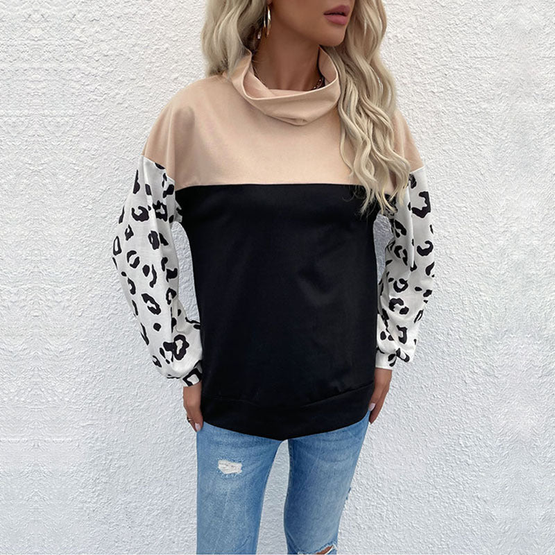 Loose Color-Block Pullover with Leopard Print Sleeves and Turtleneck