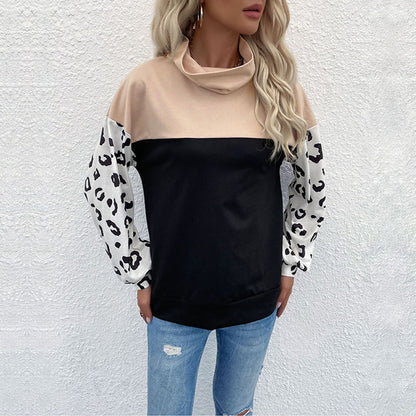 Loose Color-Block Pullover with Leopard Print Sleeves and Turtleneck