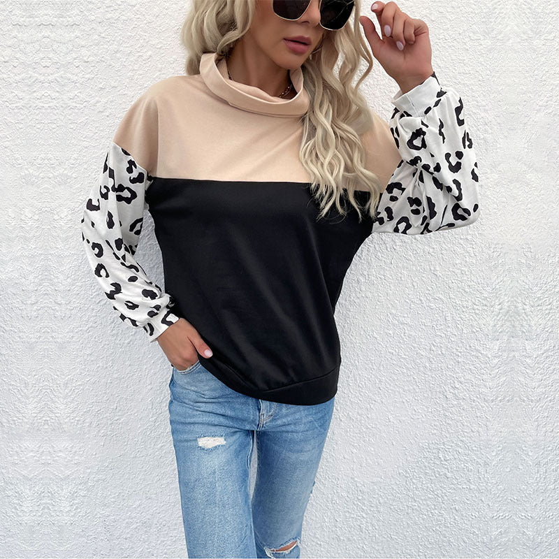 Loose Color-Block Pullover with Leopard Print Sleeves and Turtleneck
