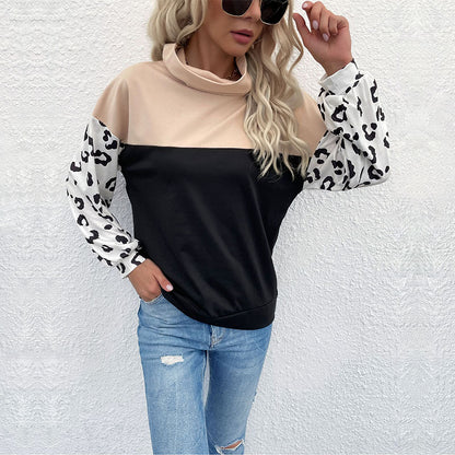 Loose Color-Block Pullover with Leopard Print Sleeves and Turtleneck